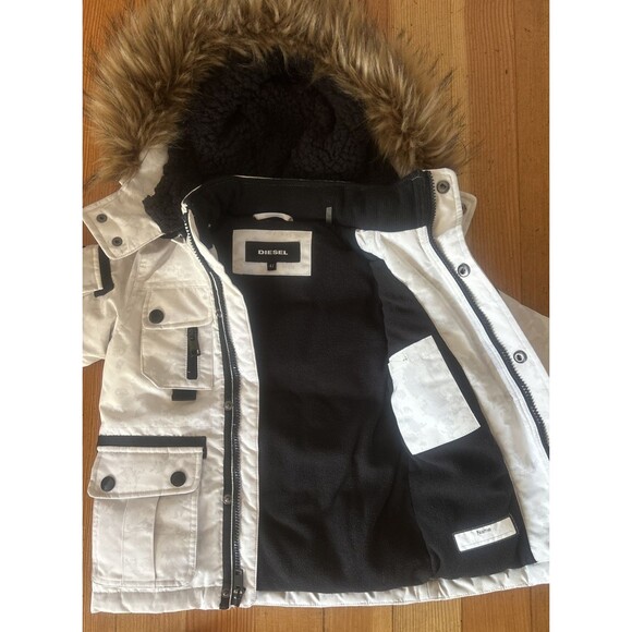 Diesel Boys Jacket Lt Gray Camo Puffer Parka w/Fur Trim Sz 4 Warm Cargo Pockets - Picture 8 of 12
